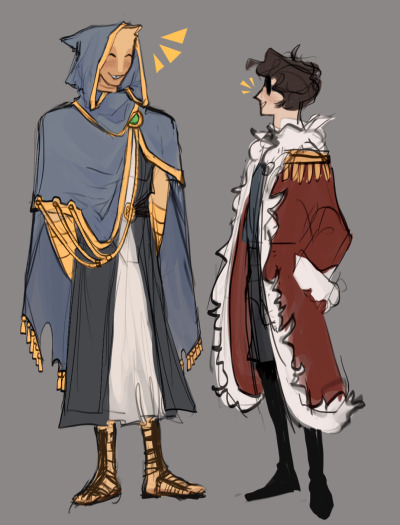 This is a drawing of Foolish and Eret. They are talking with each other and having a good time. Foolish is depicted as a golden-colored human wearing a grey, pointed cloak with golden accents. He wears more of an ancient Greek outfit with a dark grey and white robe and laced sandals. He has a singular emerald on his body that acts as a brooch to hold the cloak together. Eret is depected as an androgynous king, with a large fluffy furred robe and royal clothes on underneath.
